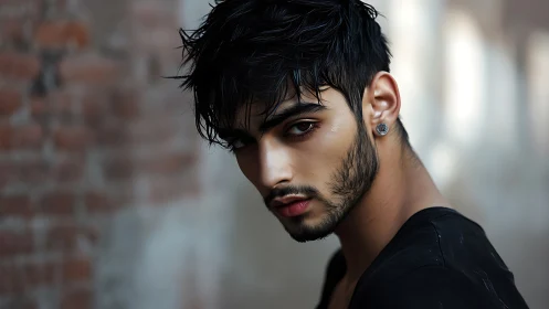 Moody urban portrait with cinematic side lighting and bokeh background.