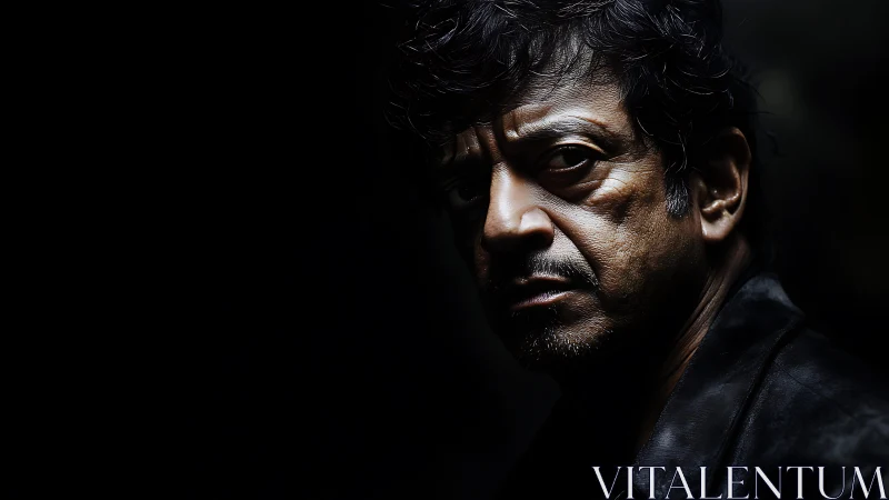 Intense low key portrait of middle aged man in shadow.