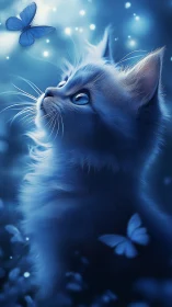 Blue Feline with Luminescent Butterfly: Digital Fantasy Illustration