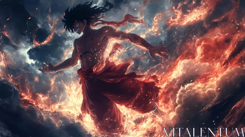 Fiery anime warrior strides through swirling stormfire skies.