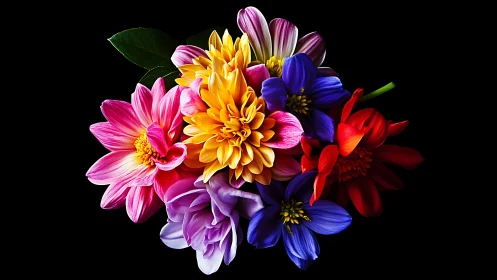 Radiant Floral Composition Against Black: Layered Botanical Study.