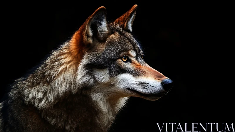 Side profile of wolf against uniform black background.