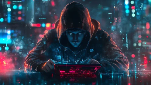 Midnight coder in neon cyber city glow, deep in thought.