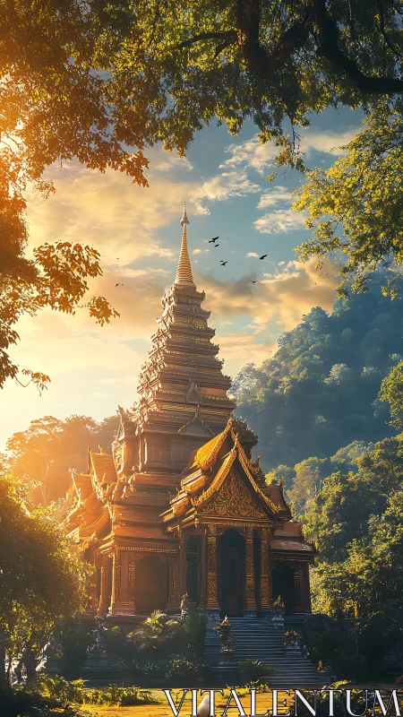 Sunlit tiered temple stands amid dense tropical forest canopy