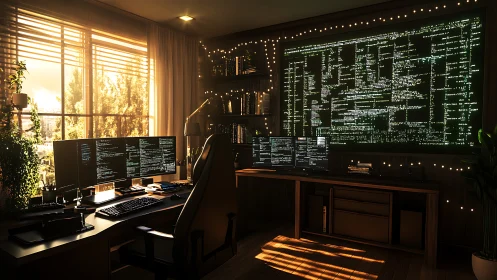 Dual-coded workspace merges warm daylight and cybernetic glow