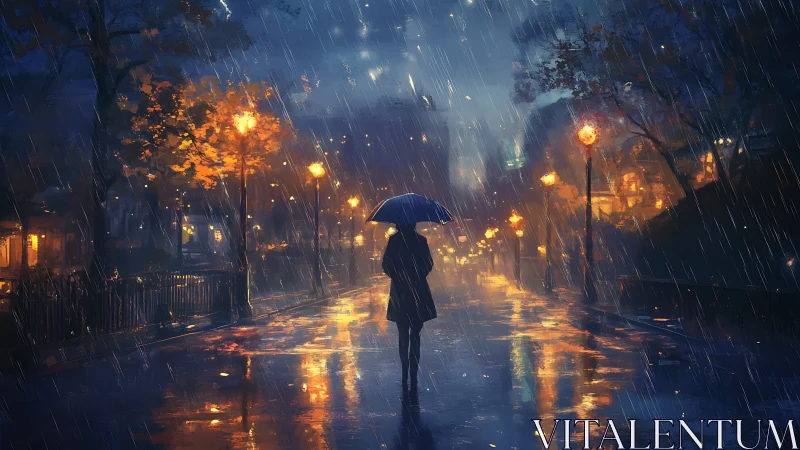 Solitary silhouette crossing rainlit boulevard at night.