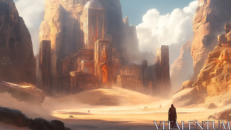 Solitary robed figure approaches colossal desert citadel