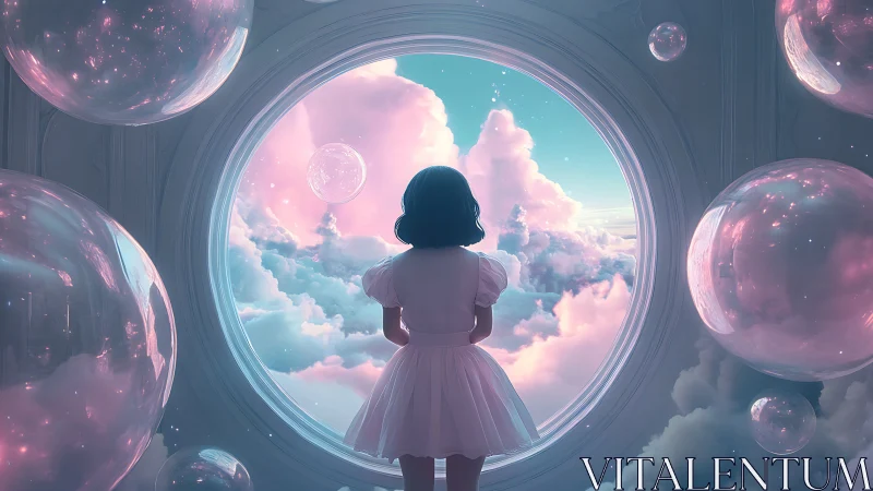 Aperture-bound girl surveying iridescent stratocumulus nebulae.