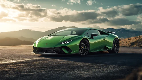 Aerodynamic emerald supercar under alpine golden hour light.