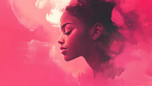 Side profile portrait of woman in soft pink digital paint.