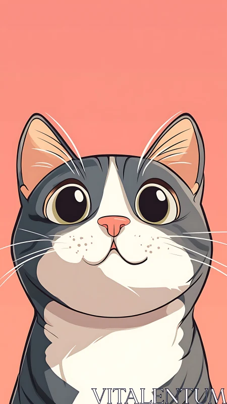 Smiling Gray and White Cat Portrait with Salmon Background.