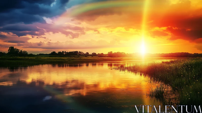 Sunflare river mirror under storm-kissed rainbow clouds.