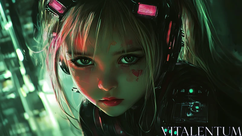 Neon-eyed cyber girl stares down the shadows of the grid.