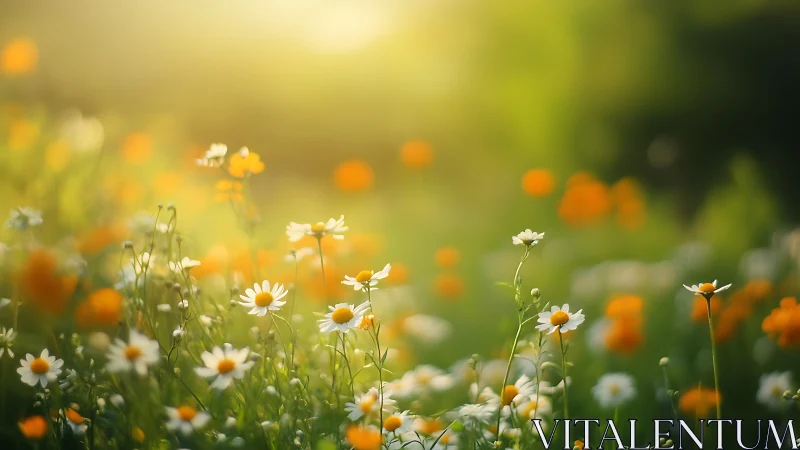 Sunlit meadow celebrates spring with dancing daisies.