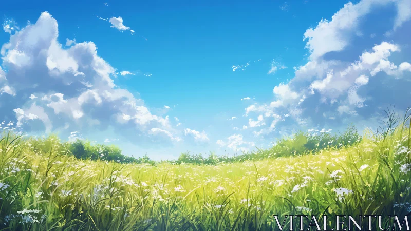 Sunlit meadow stretches gently beneath a bright summer sky