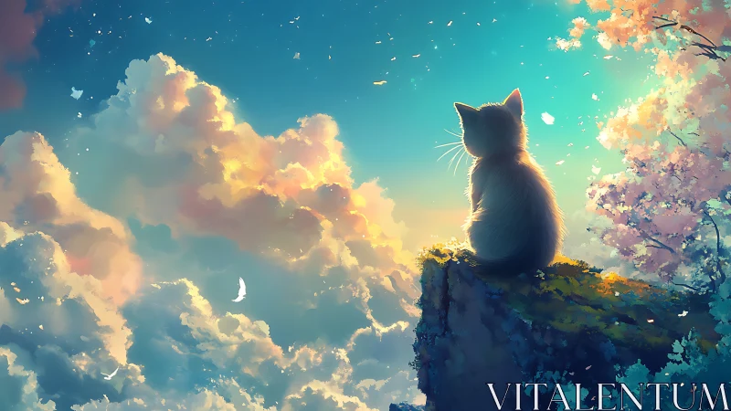 Cat on Cliff Overlooking Sky with Flowering Branches