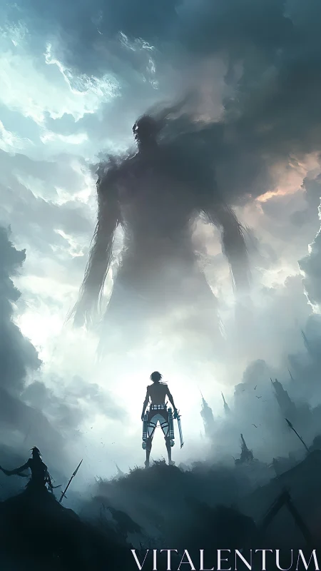 Silhouetted human confronts towering humanoid in dense clouds