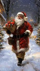 Oil-painted Santa in snowy village street, warm-lit realism.