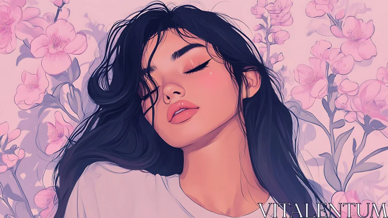 Digital portrait of woman with long hair amid pink flowers.