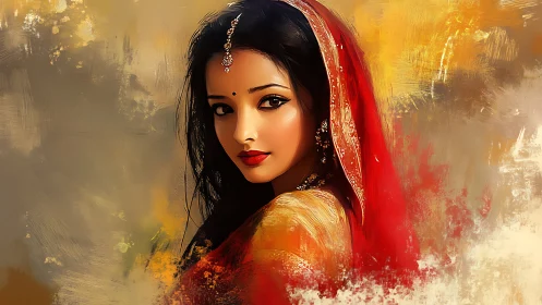 Digital portrait of Indian woman in red dupatta, painterly bokeh background