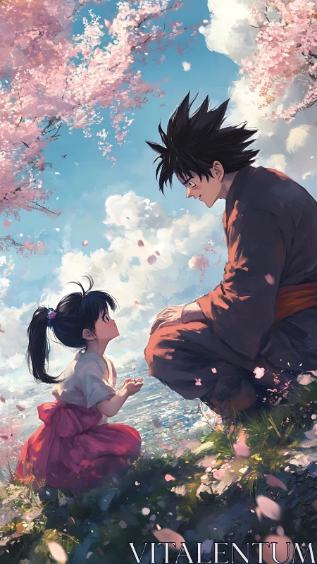 Anime pastoral scene under cherry blossoms, dynamic composition.