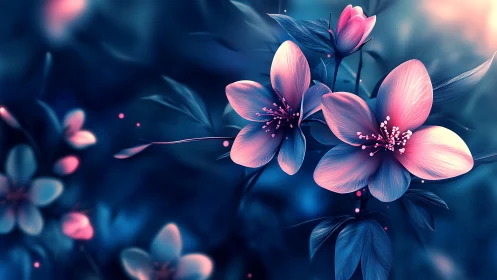 Pink Petals Dance Against Midnight Blue in Digital Bloom