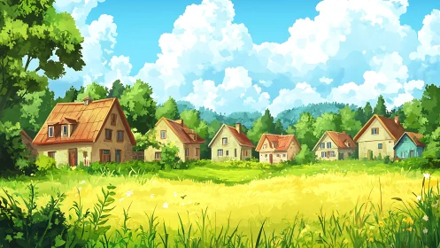 Sunlit rural cottages aligned across chromatic meadow belt.
