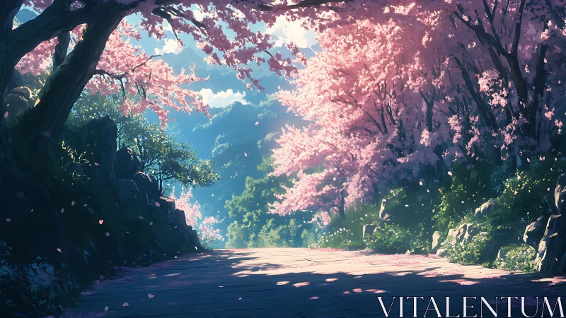 Sunlit cherry blossom road inviting a gentle, dreamy walk.