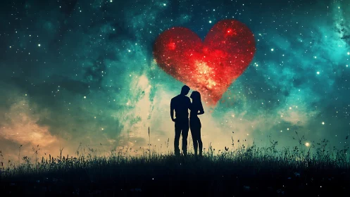 Couple standing silhouette beneath glowing red heart in galaxy.