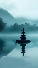 Quiet stone tower rests over a misty lake in soft blue light