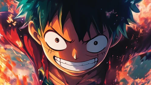 Intense anime hero portrait framed by dynamic flames.