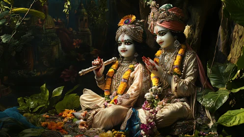 Divine Hindu deities in jeweled robes amid lush forest