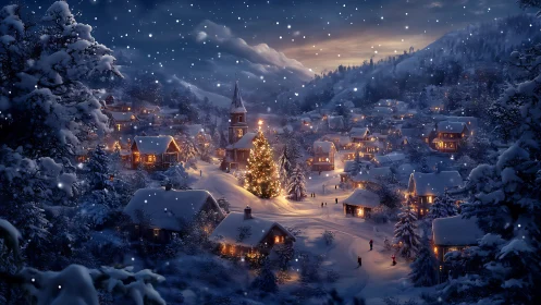 Snow-laden alpine village with illuminated central Christmas tree at dusk