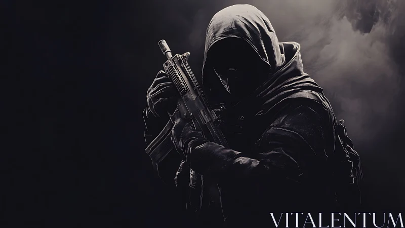 Hooded tactical soldier holding rifle in dark fog scene.