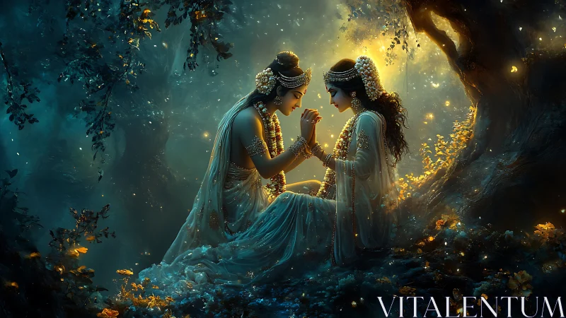 Mystical goddesses kneel in moonlit enchanted forest glade.