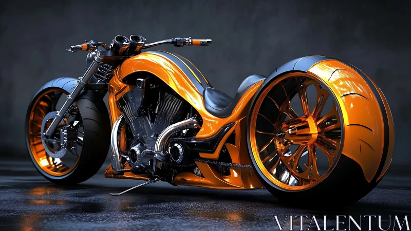 Low-slung orange custom chopper with oversized rear hubless wheel