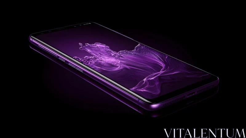 Sleek modern smartphone with vibrant purple water splash art.