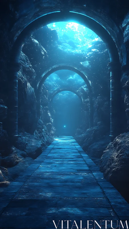 Submerged stone corridor under glowing cyan arches at depth.