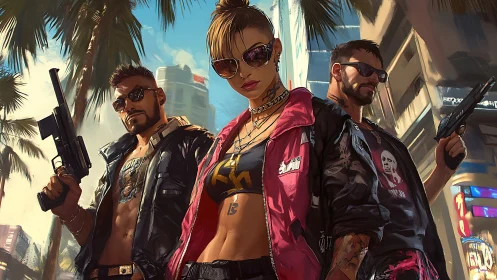 Neon street crew under palm trees in sunlit cybercity.