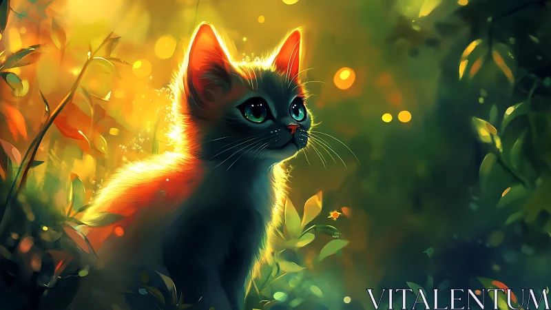 Black Cat with Luminous Eyes in Golden Garden Setting