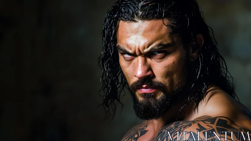 Close-cropped portrait shows muscular man with wet hair