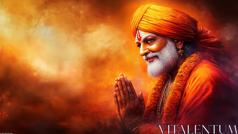 Elderly man in orange robe holds folded hands in profile