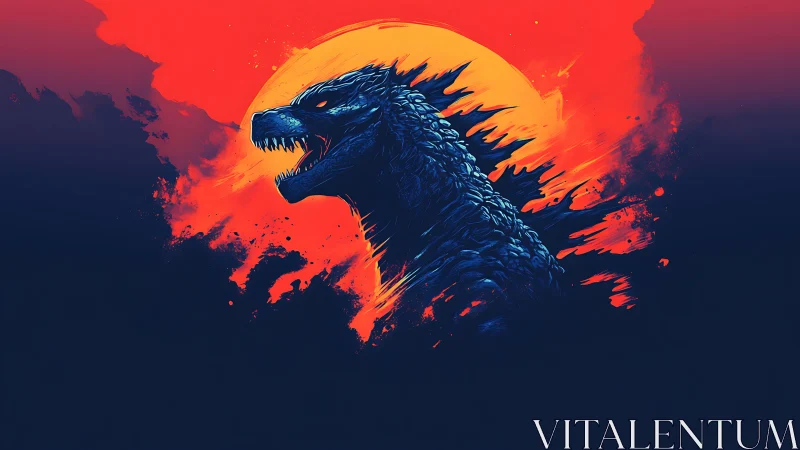 Roaring monster silhouette against vivid red sun backdrop.