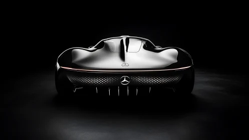 Futuristic black concept car rendered from low rear view