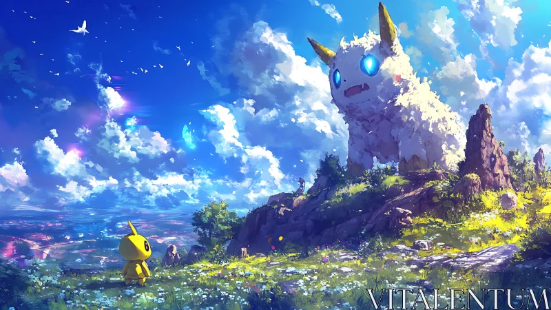 Tiny mascot confronts colossal glowing creature under sky