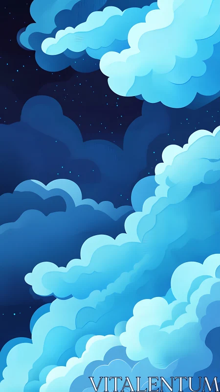 Dreamy night sky clouds glowing with soft blue calm.