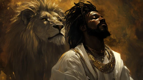 Regal African figure and lion rendered in dramatic chiaroscuro