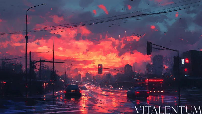 Wet urban intersection captures neon sunset with reflective lighting