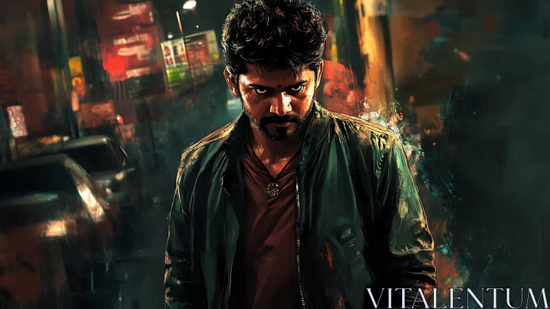 Brooding urban antihero in painterly neon nocturnal haze.