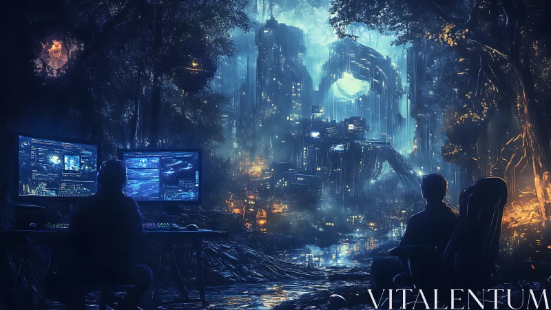 Hackers observe luminous cyberpunk city beyond forest